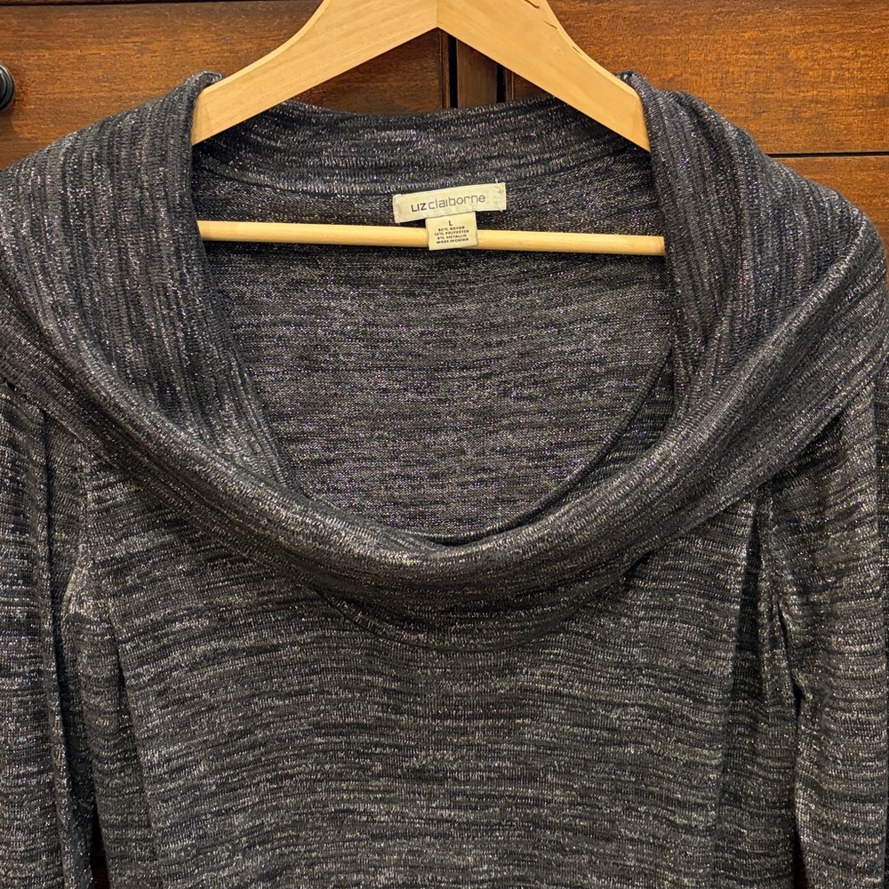 Liz Claiborne Cowl Neck Sweater Womens L Black Silver Marled Knit Long Sleeve - Picture 3 of 12